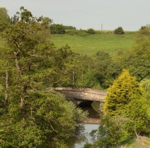 een brug over een rivier met bomen en een veld bij The Llama Hut in Kirk Leavington