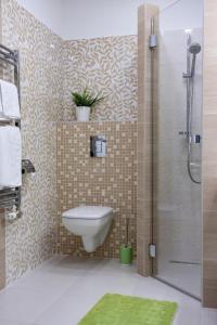 a bathroom with a toilet and a shower at Center Rev Apartment in Győr