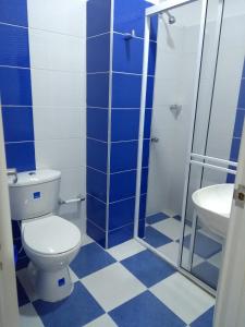 La salle de bains bleue et blanche est pourvue de toilettes et d'un lavabo. dans l'établissement Hospedaje Rey De Los Vientos, à Yotoco
