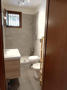Appartamento Supramonte في Montemassi: حمام مع مرحاض ومغسلة ودش