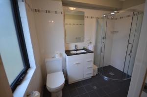 a bathroom with a shower and a toilet and a sink at Ellard Bed & Breakfast in Perth