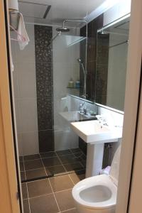 Un baño con inodoro, lavabo y ducha. en Moon Sun Guesthouse, en Seúl 17 fotos más