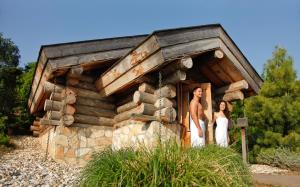 two women standing in front of a log cabin at Hotel Thermen Bussloo - Apeldoorn in Bussloo