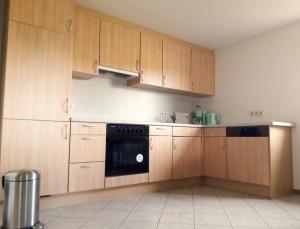 cocina con armarios de madera y lavavajillas negro en Brachfeld zehneins Ferienwohnung, en Sulz am Neckar