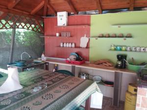 a kitchen with a table and a counter top at La Botezatu in Tuzla