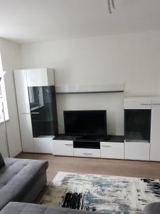 ein Wohnzimmer mit einem Sofa und einem TV in der Unterkunft Charakterhaus in Neulengbach