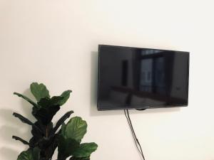 a flat screen tv hanging on a wall next to a plant at Guang Cyuan homestay in Magong