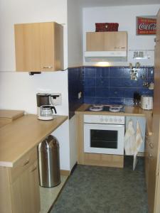 une petite cuisine avec une cuisinière et un micro-ondes dans l'établissement Ferienwohnung Ina, à Rust