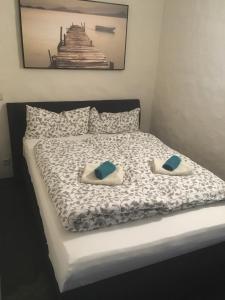 una camera con un letto con due cuscini sopra di Villa Eddi & Emmi a Freiberg