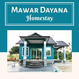 a blue house with the words mayar devana homesay at Mawar Dayana Homestay in Jertih