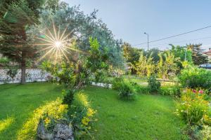 einen Garten mit grünem Rasen und Blumen in der Unterkunft Studios Vasilia in Skala Potamias