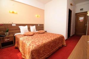 una camera d'albergo con un letto con due cuscini sopra di Hotel Premier Botosani a Botoşani