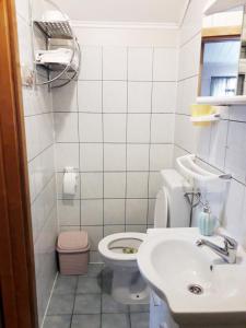 a white bathroom with a toilet and a sink at Ranch Terra in Irinovac