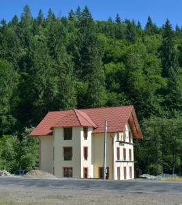 a building with a red roof in front of a forest at Lisnyi in Mizhhirʼʼya