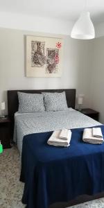 1 dormitorio con 1 cama azul y 2 toallas en Calle Rio Trueba 11 Bajo D, en Torremolinos