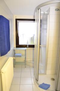 クックスハーフェンにあるFerienwohnung Hoylerのバスルーム(シャワー、窓付)が備わります。