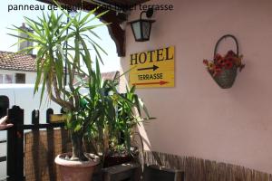 een paar potplanten naast een hotelbord bij Hôtel le Dervois in Montier-en-Der