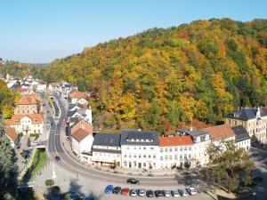 an aerial view of a town with a mountain at Ferienwohnung Richter in Tharandt