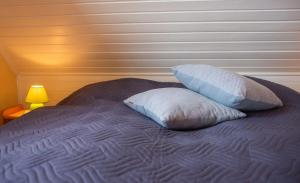 two pillows sitting on top of a bed at Strandhaus-Nr-9-OG-rechts in Dahme
