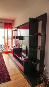 a black book shelf with a tv in a living room at Vila Relvão in Vila Franca do Campo