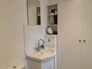 a bathroom with a sink and a toilet and a mirror at Executive Annex - Dunfermline in Dunfermline