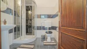 a bathroom with a toilet and a shower and a sink at Baiulescu apartments in Braşov