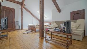 a living room with a couch and a table with a tv at Baiulescu apartments in Braşov