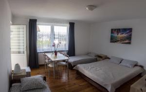 a living room with a bed and a table and a window at Pokoje Gościnne Wiola in Władysławowo