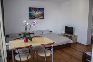 a bedroom with a bed and a table and chairs at Pokoje Gościnne Wiola in Władysławowo