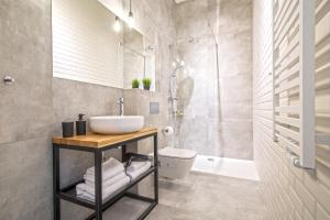 La salle de bains est pourvue d'un lavabo et d'une douche. dans l'établissement Loft Apartments Poznań, à Poznań