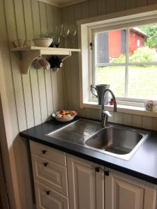 una cocina con fregadero y un bol de fruta en una barra en Sjöbacken Gård, en Lerdala