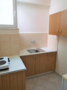 a small kitchen with a sink and a stove at Neorio Studios in Poros