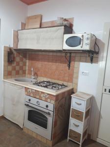 una piccola cucina con piano cottura e forno a microonde di Casa Toloi a Dorgali