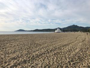 uma praia de areia com um edifício branco à distância em Hôtel Le Pescadou em Argelès-sur-Mer