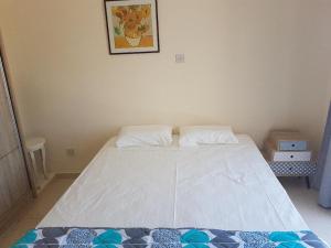 ein Schlafzimmer mit einem weißen Bett mit einem Bild an der Wand in der Unterkunft Panoramic sea view apartment in Polis-Latchi in Polis Chrysochous