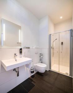 a bathroom with a toilet and a sink and a shower at Schroeders Appartementhotel in Trier