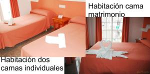 two pictures of a hotel room with two beds at Hostal Mary Tere in Salobreña