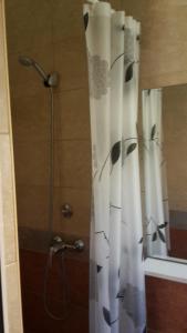 a shower with a shower curtain with birds on it at Apartments Music in Sutomore