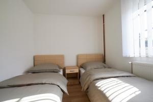 two twin beds in a room with a window at DARBI Apartment Sarajevo Pazarić in Sarajevo