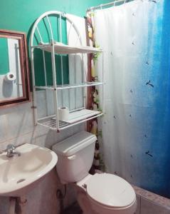 ein Bad mit einem WC, einem Waschbecken und einer Dusche in der Unterkunft Hospedaje Arvakeni in San Cristobal