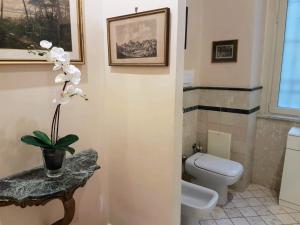 La salle de bains est pourvue de toilettes et d'une plante sur une table. dans l'établissement Suite Ottocento napoletano, à Naples