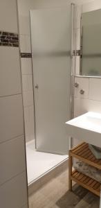 ein Badezimmer mit Dusche, Waschbecken und Spiegel in der Unterkunft Hahnenklee Ferienpark 7-611 in Goslar