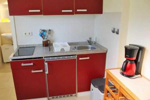 a small kitchen with red cabinets and a sink at Ferienwohnungen Plogshagen_Hiddens in Neuendorf