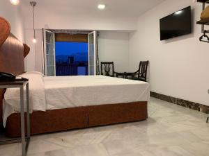 una camera da letto con un letto, una tv e una finestra di Hotel Don Miguel a Ronda