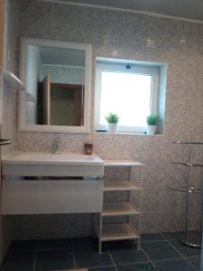 a bathroom with a sink and a mirror and a window at Apartment Ive Lucica in Tisno