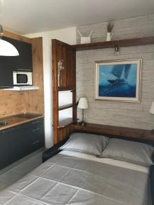 1 dormitorio con 1 cama grande y microondas en Studio Apartman Lokvice, en Primošten