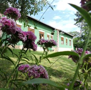 una casa verde con flores púrpuras delante de ella en La Escuela de Premio, en Premió