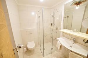 a bathroom with a shower and a toilet and a sink at Hotel Glocknerhof in Berg im Drautal