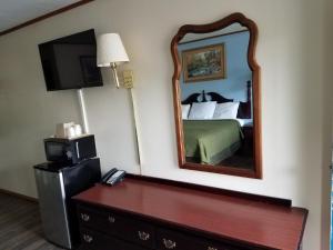 ein Hotelzimmer mit einem Bett und einem Spiegel in der Unterkunft A Sapphire Inn in Franklin