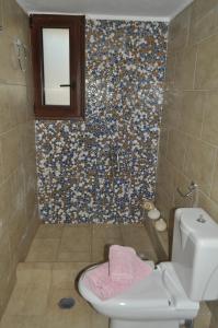 a bathroom with a toilet and a tile wall at Athevillas Antonis in Mína